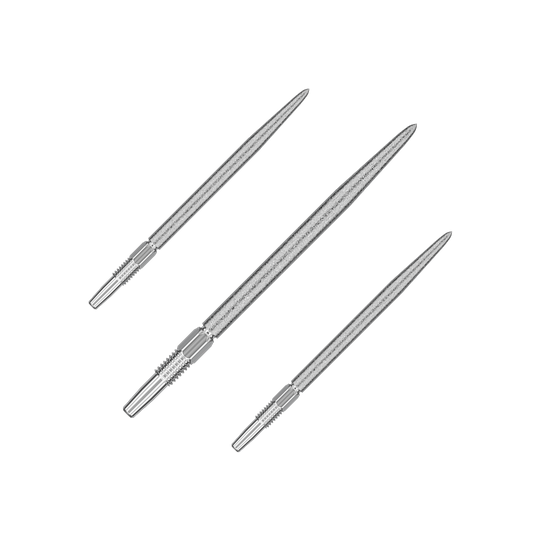 Target Swiss Point SLK dart tips - silver Das Bild zeigt drei silberne Dartspitzen, die nebeneinander angeordnet sind. Sie haben eine spitze Form und sind aus Metall gefertigt.