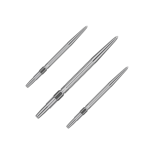 Das Bild zeigt drei silberne Dartspitzen des Produkts "Target Swiss Point GRD Silver Dartspitzen". Sie sind schlank, aus Metall gefertigt und haben eine strukturierte Oberfläche für besseren Halt.