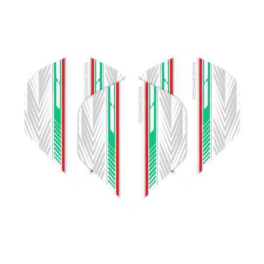 Pentathlon Flights white/green/red Das Bild zeigt die "Pentathlon White Green Red No2 Standard Flights" für Dartpfeile. Die Flights sind weiß mit auffälligen grünen, roten und silbernen Streifen gestaltet.
