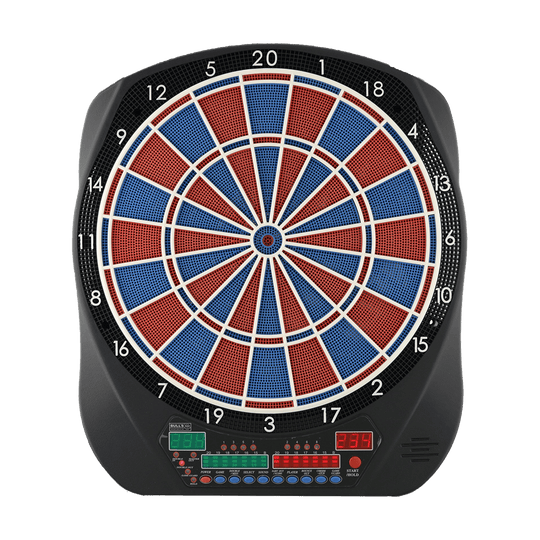 67974_Bulls_Flash_RB_Sound-Elektronik-Dartboard_1 Das Bild zeigt ein elektronisches Dartboard mit farbigen Feldern in Rot und Blau. Unten am Gerät sind digitale Anzeigen und mehrere Tasten zu sehen.
