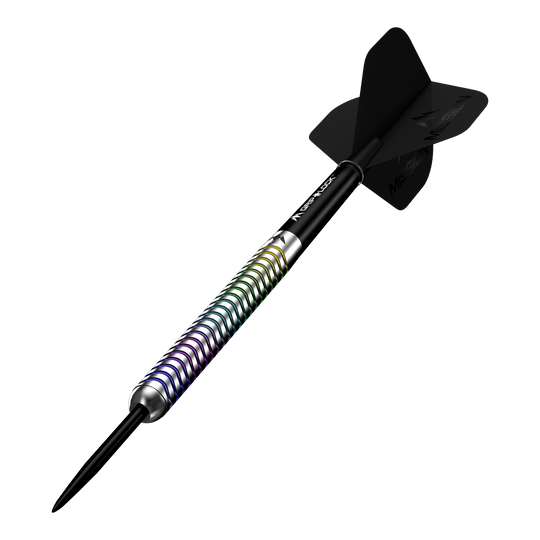 Mission Mirage Steeldarts sind Profi-Darts für anspruchsvolle Spieler. Die Abbildung präsentiert das Set aus mehreren Perspektiven.