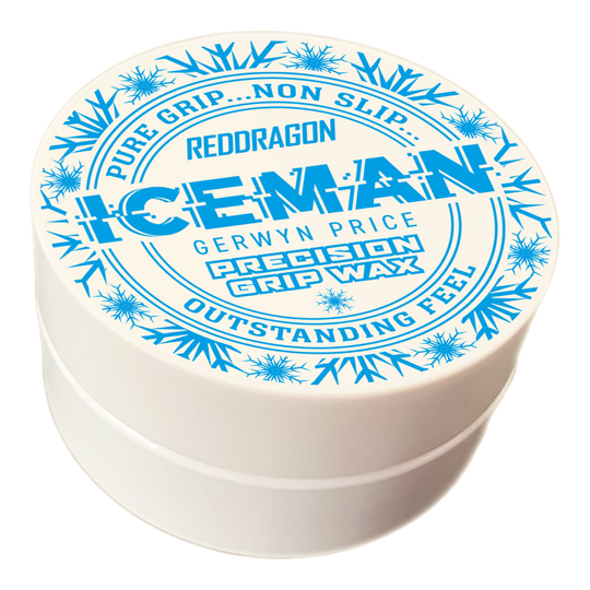 Red Dragon Gerwyn Price Iceman Precision Grip Wax finger wax Das Bild zeigt eine weiße Dose mit der Aufschrift „Red Dragon Gerwyn Price Iceman Precision Grip Wax“. Auf dem Deckel sind blaue Schneeflocken und Werbeslogans wie „Pure Grip… Non Slip… Outstanding Feel“ abgebildet.