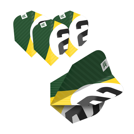 Das Bild zeigt fünf Sätze Target Pro Ultra Chicane Ten-X Flights für Darts. Die Flights sind grün, gelb und weiß mit einer schwarzen Zahl und haben ein modernes Design.