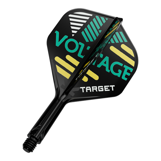 Das Bild zeigt ein Dartflight- und Shafts-Set in Schwarz mit bunten grafischen Elementen und der Aufschrift „VOLTAGE“ sowie „TARGET“. Das Design besteht aus gelben, grünen und weißen Streifen auf den Flügeln des Flights.