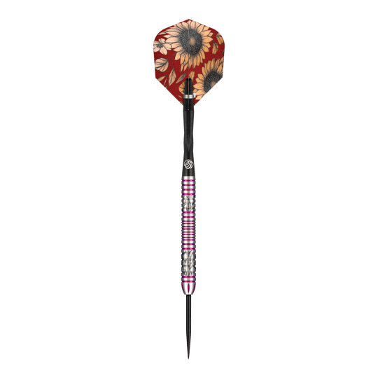 Shot Pro Series Barbora Hospodarska 2 Steeldarts - 23g Das Bild zeigt einen Steeldartpfeil der Marke Shot Pro Series Barora Hospodarska mit einem Gewicht von 23 Gramm. Der Dartpfeil hat eine bunte Flights mit Sonnenblumenmuster und einen silbernen Schaft mit pinkfarbenen Ringen.