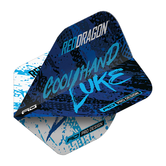 Das Bild zeigt ein Dart-Flight im Design "Red Dragon Luke Humphries World Champion Blue White Yin Yang Standard Flights". Auf dem Flight stehen die Worte "Cool Hand Luke" in blauer Schrift auf einem blau-weißen Hintergrund.