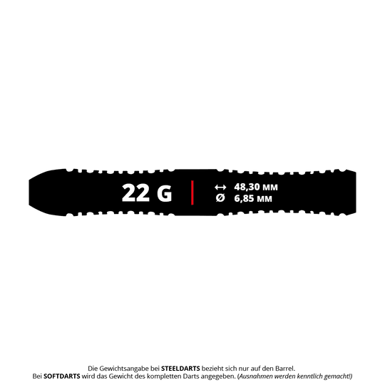 Das Bild zeigt das Produkt "Red Dragon Jason Watt Steeldarts - 22g". Der Dart hat ein Gewicht von 22 Gramm, eine Länge von 48,30 mm und einen Durchmesser von 6,85 mm.