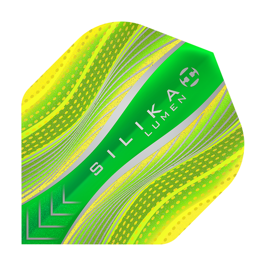 Das Bild zeigt das Produkt "Harrows Silika Lumen Yellow No2 Standard Flights". Es ist ein Dartflight mit leuchtend gelben und grünen Farben sowie silbernen Akzenten.