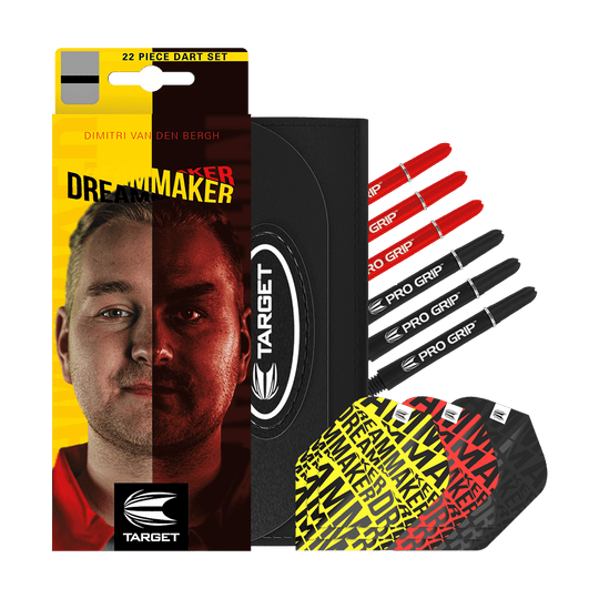 170007_Target_Dimitri_Van_Den_Bergh_Brass_Steeldarts_3ueF4orYEKe0WF Das Bild zeigt das Produkt "Target Dimitri Van Den Bergh Brass Steeldarts - 22g" mit farbenfroher Verpackung und Zubehör. Enthalten sind mehrere Dartschäfte und Flights in verschiedenen Farben sowie ein Etui.