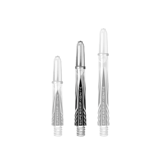 Auf dem Bild sind drei klare Harrows Supergrip Ignite Shafts in verschiedenen Längen zu sehen. Die Shafts haben einen modernen schwarzen und weißen Aufdruck mit der Aufschrift "SUPERGRIP IGNITE".