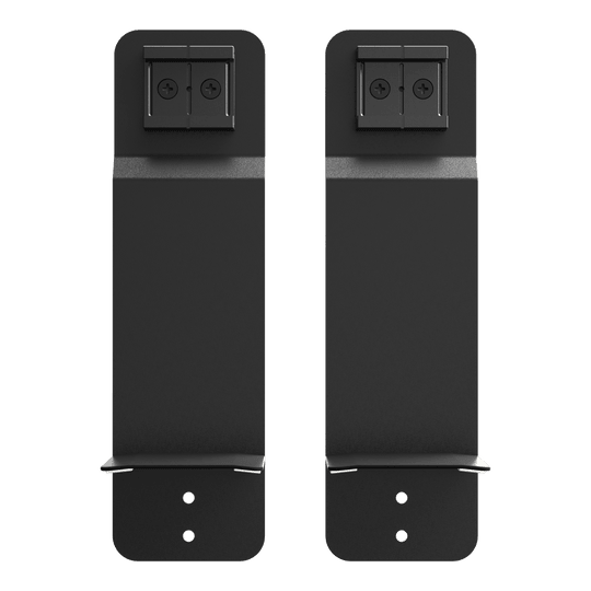 GranDarts Gran Eye Mag Mount attachment Das Bild zeigt zwei schwarze Halterungen des Produkts "GranDarts GranEye Mag Mount Befestigung". Sie sind rechteckig und haben jeweils zwei kleine Befestigungslöcher unten und einen Befestigungsmechanismus oben.