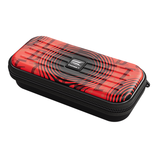 Target Takoma Stephen Bunting dart case Das Bild zeigt das Produkt "Target Takoma Stephen Bunting Dartcase". Das Etui ist rot mit schwarzen Kreisen und hat einen Reißverschluss.