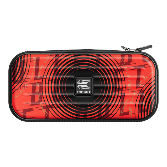 Target Takoma Stephen Bunting dart case Das Bild zeigt das Target Takoma Stephen Bunting Dartcase in einem auffälligen roten Design mit schwarzen Kreisen. In der Mitte befindet sich das Target-Logo und das Etui hat einen Reißverschluss.
