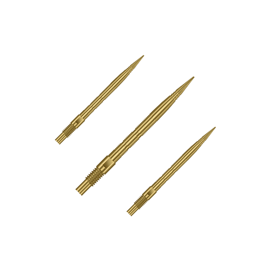 Das Bild zeigt mehrere goldene Dartspitzen. Die Spitzen sind wahrscheinlich vom Typ Harrows Quick Point MicroRidge, 26mm lang.