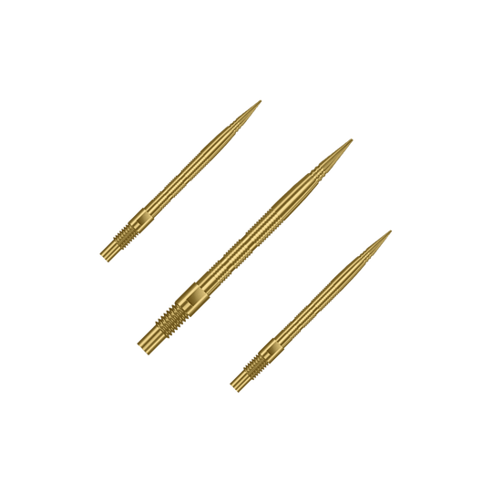Harrows Quick Point Micro Ridge Dart Tips - Gold Das Bild zeigt mehrere goldene Dartspitzen. Die Spitzen sind wahrscheinlich vom Typ Harrows Quick Point MicroRidge, 26mm lang.