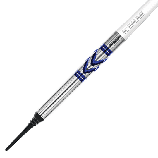 Das Bild zeigt den Red Dragon Gerwyn Price Avalanche Pro Softdart mit 20g Gewicht. Der Dart hat ein silbernes Design mit blauen Akzenten und einer schwarzen Softspitze.
