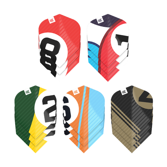 Das Bild zeigt fünf verschiedene Sets von Dart-Flights, jeweils in bunten Farben und mit auffälligen Zahlen bedruckt. Es handelt sich um das Produkt "Target Pro Ultra Chicane Multipack No6 Flights - 5 Sets".