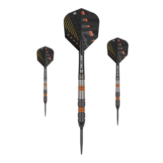 Target Raymond Van Barneveld Black Swiss Point Steeldarts Das Bild zeigt drei schwarze Steeldarts mit orangefarbenen und silbernen Akzenten. Die Flights haben ein modernes, schwarzes Design mit orangen Linien und Sternen.