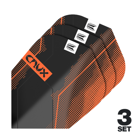 Das Bild zeigt drei Sätze Target Pro Ultra Crux No6 Flights. Die Flights sind schwarz mit orangefarbenen Akzenten und dem Schriftzug "CRUX".