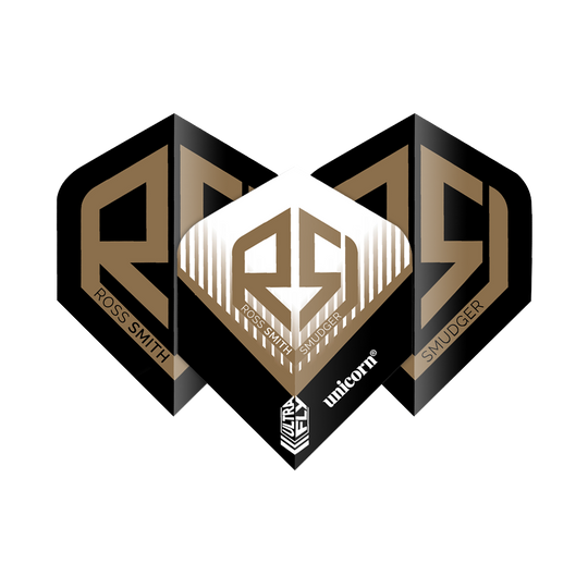 Das Bild zeigt die "Unicorn Ultrafly 100 Ross Smith Plus Flights" mit einem markanten goldenen RS-Logo auf schwarzem Hintergrund. Auf den Flights stehen die Namen "Ross Smith" und "Smudger" sowie das Unicorn-Logo.