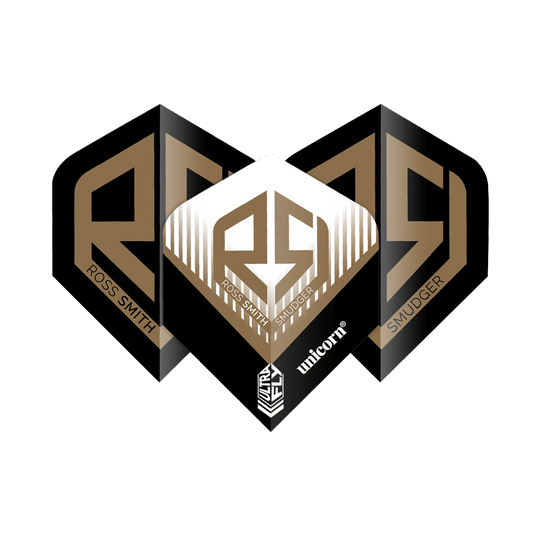 Unicorn Ultrafly 100 Ross Smith Plus Flights Das Bild zeigt die "Unicorn Ultrafly 100 Ross Smith Plus Flights" mit einem markanten goldenen RS-Logo auf schwarzem Hintergrund. Auf den Flights stehen die Namen "Ross Smith" und "Smudger" sowie das Unicorn-Logo.