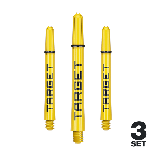 Target Pro Grip TAG Shafts - 3 Sets - Yellow Auf dem Bild sind drei gelbe Dartschäfte der Marke Target zu sehen. Unten rechts steht "3 Set", was auf ein Set aus drei Teilen hinweist.