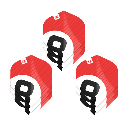 Das Bild zeigt drei Sätze der Target Pro Ultra Chicane Red No2 Standard Flights. Die Flights sind rot mit einem weißen Kreis und einer großen schwarzen Zahl in der Mitte gestaltet.