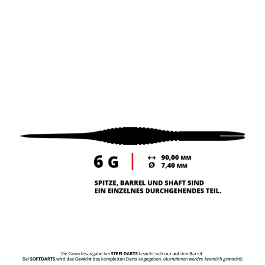 Das Bild zeigt die Caliburn TTD Complete Titanium T2 Black Steeldarts - 6g. Die Steeldarts sind in dunklem Design und wiegen 6 Gramm.