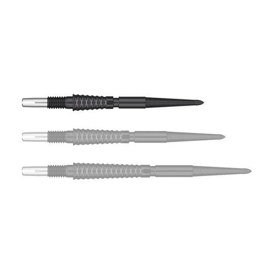 Das Bild zeigt drei schwarze Dartspitzen, die nebeneinander liegen. Jede Spitze hat einen silbernen Schaft und eine geriffelte Griffzone.