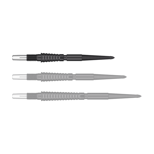 Target Swiss Storm LNC dart tips - Black Das Bild zeigt drei schwarze Dartspitzen, die nebeneinander liegen. Jede Spitze hat einen silbernen Schaft und eine geriffelte Griffzone.