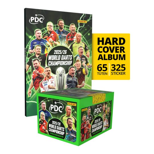 Auf diesem Bild ist das Panini PDC World Darts Championship 2025/26 Hardcover Bundle mit einer Stickerbox zu sehen. Das Bundle enthält ein Hardcover-Sammelalbum und eine Box mit Stickern.