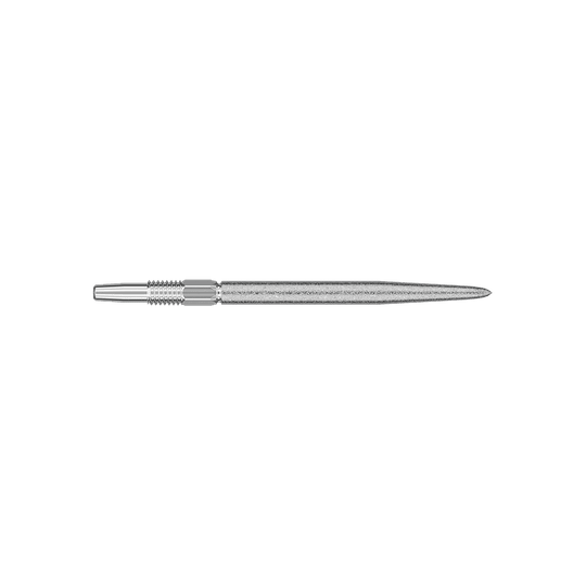 Target Swiss Point SLK dart tips - silver Das Bild zeigt eine silberne Dartspitze mit feinen Rillen und einem glatten Schaft. Sie ist lang und schmal gestaltet, typisch für Präzisionsdarts.