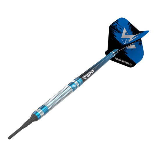 Bulls Jermaine Wattimena Generation 3 Soft Darts - 20g Das Bild zeigt einen Bulls Jermaine Wattimena Generation 3 Softdart mit einem Gewicht von 20g. Der Dart hat ein silbernes und blaues Design mit schwarzem Flight.