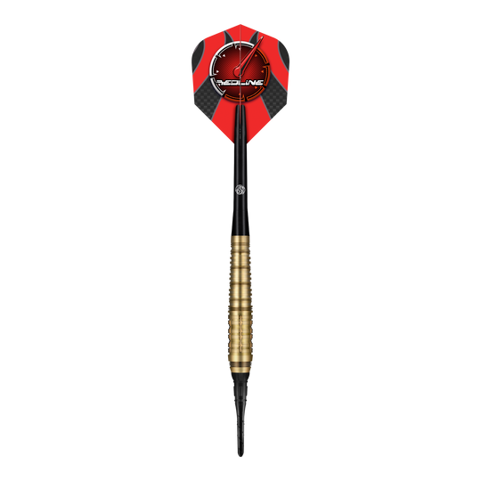 Shot Redline Mach 1 soft darts - 20g Das Bild zeigt einen Shot Redline Mach 1 Softdart mit einem Gewicht von 20g. Der Dart hat einen goldenen Griffbereich, einen schwarzen Schaft und eine rote Flights mit dem Redline-Logo.
