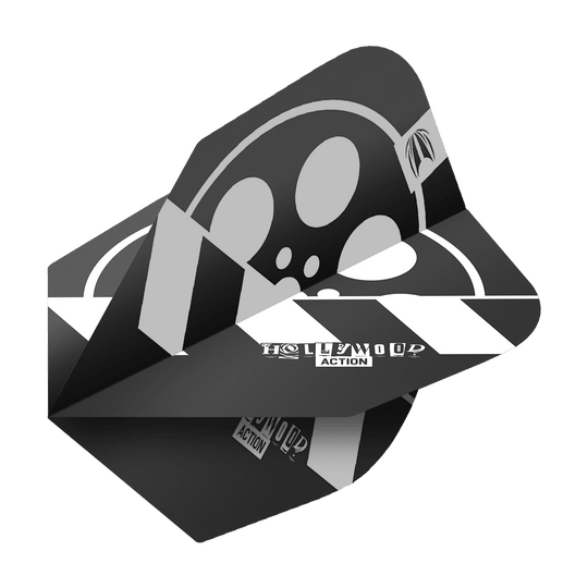 Target Pro Ultra Chris Dobey Hollywood Action No6 Flights - 3 Sets Das Bild zeigt ein Dart-Flight mit schwarzem und weißem Design, auf dem "Hollywood Action" steht. Das Produkt ist das "Target Pro Ultra Chris Dobey Hollywood Action No6 Flights - 3 Sets".