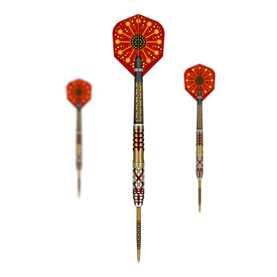 Gezeigt werden Shot Goths Alaric Turbo Point Steeldarts im 23g Set. Das Set bietet hochwertige Steeldarts für anspruchsvolle Dartspieler.