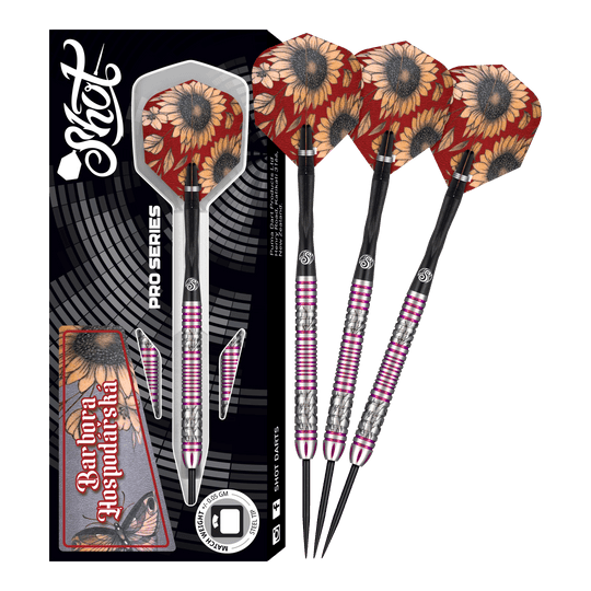 Shot Pro Series Barbora Hospodarska 2 Steeldarts - 23g Das Bild zeigt das Produkt "Shot Pro Series Barora Hospodarska Steeldarts - 23g" mit drei Steeldarts und einer Verpackung. Die Flights der Darts sind mit Sonnenblumenmotiven verziert.