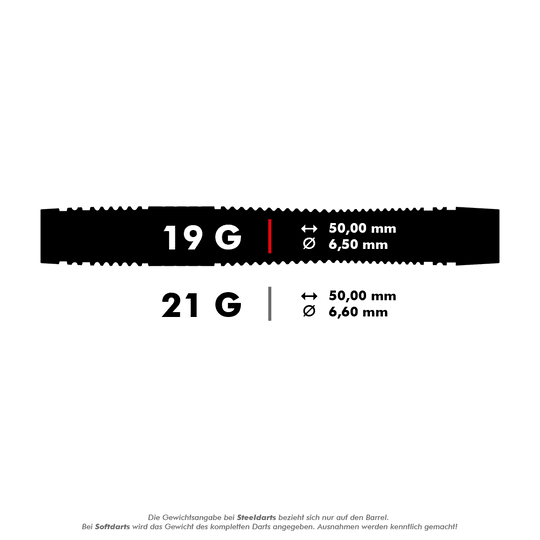 Target Scope 11 Soft Darts Das Bild zeigt Spezifikationen für Darts mit einem Gewicht von 19 Gramm und 21 Gramm. Die Darts sind jeweils 50,00 mm lang und haben einen Durchmesser von 6,50 mm bzw. 6,60 mm.
