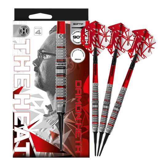 Hier ist das Produkt Harrows Damon Heta Series 4 Softdarts zu sehen. Die Darts zeichnen sich durch ihre hochwertige Verarbeitung aus.
