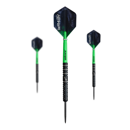Dieses Bild präsentiert die Unicorn Wraith Callan Rydz Steeldarts - 23g im Set. Die Verpackung und alle Bestandteile sind zu sehen.