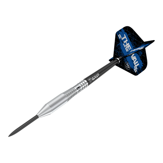 Bulls Martin Schindler TW80 steel darts Das Bild zeigt einen Steeldart namens "Bulls Martin Schindler TW80". Der Dart hat einen silbernen, geriffelten Schaft und blaue Flights mit der Aufschrift "THE WALL".
