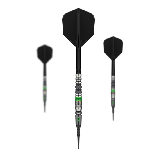 Das Bild zeigt drei Softdarts des Modells "Target Japan Black Marque Lightning 3" mit einem Gewicht von 19g. Die Darts sind schwarz-silbern mit grünen Akzenten gestaltet.