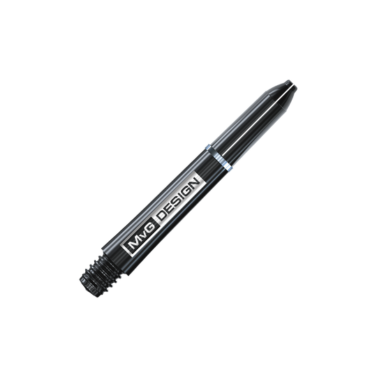 7100_Winmau_MvG_Signature_Black_Nylon_Shafts_35mm_2 Das Bild zeigt einen schwarzen Dart-Schaft mit der Aufschrift "MvG DESIGN". Es handelt sich um den Winmau Nylon Ring Grip MvG Design Black Shaft.