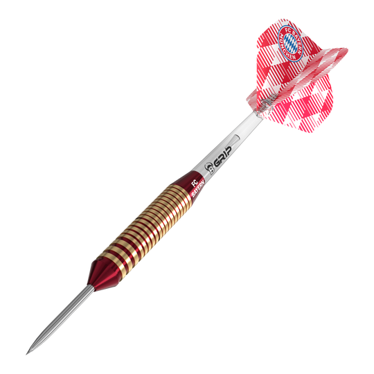 Bulls FC Bayern Munich Brass Steel Darts - 21g Hier sieht man die Bulls FC Bayern München Brass Steeldarts mit einem Gewicht von 21g. Sie sind für Steeldart geeignet und mit FC Bayern München Design gestaltet.