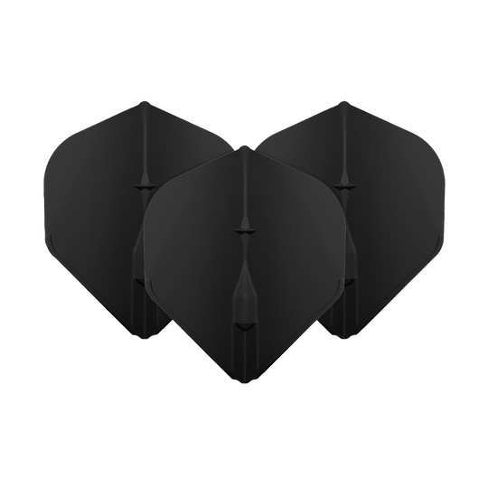 Das Bild zeigt drei schwarze L-Style Champagne L1EZ Standard Flights. Diese Flights sind für Dartpfeile geeignet und haben eine klassische Standardform.