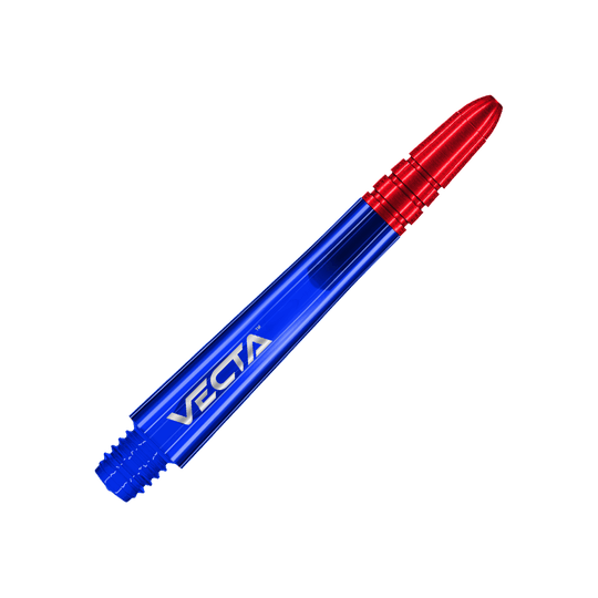 Winmau Vecta Shafts - Blue Red Das Bild zeigt einen Dart-Schaft in den Farben Blau und Rot. Auf dem blauen Teil steht das Wort "VECTA".