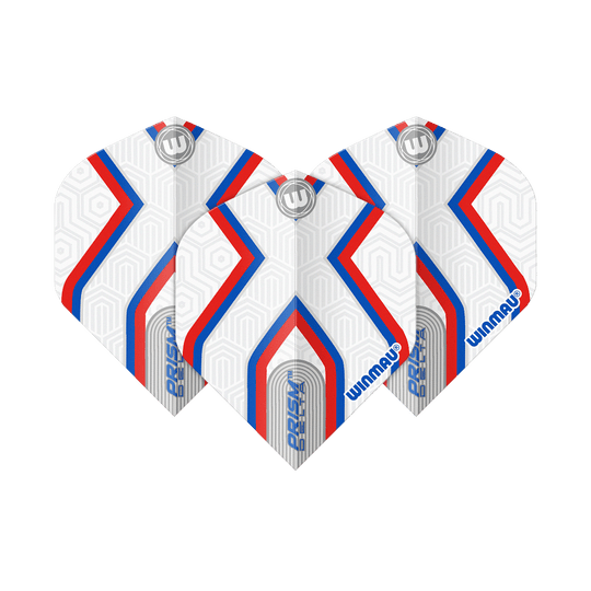 Winmau Prism Delta Epix No2 Standard Flights Das Bild zeigt drei Dartflights des Produkts "Winmau Prism Delta Epix No2 Standard Flights". Die Flights sind weiß mit roten und blauen Streifen sowie geometrischem Muster gestaltet.