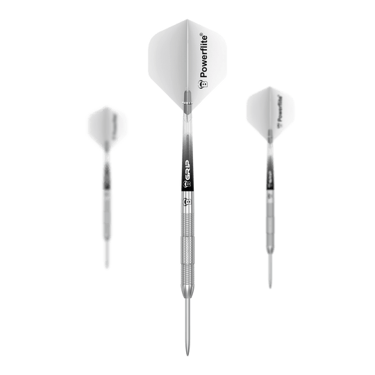 Bulls Challenger Sascha Stuhlemmer Steeldarts - 23g Das Bild zeigt drei Steeldarts des Modells "Bulls Challenger Sascha Stuhlemmer - 23g". Die Darts sind silberfarben mit weißen Flights, auf denen "Powerflite" steht.