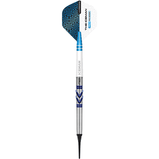 Das Bild zeigt einen Red Dragon Gerwyn Price Avalanche Pro Softdart mit einem Gewicht von 20g. Der Dart hat blaue und silberne Akzente sowie eine auffällige Flight mit Muster.