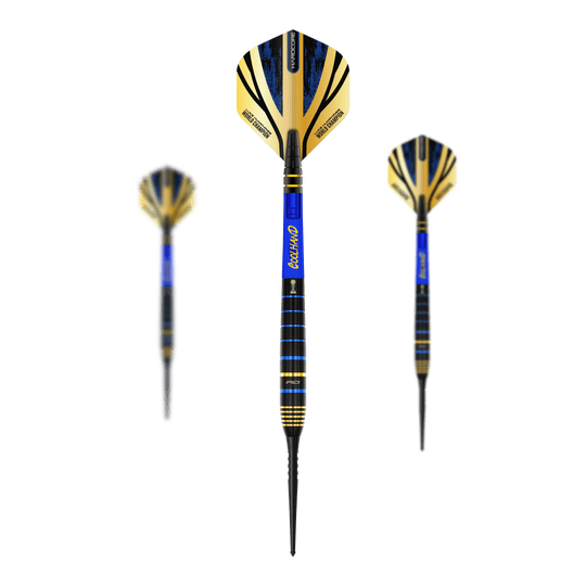 Red Dragon Luke Humphries TX4 Avenger steel darts Das Bild zeigt drei Steeldarts des Modells "Red Dragon Luke Humphries TX4 Avenger". Die Darts haben ein auffälliges Design in Blau, Schwarz und Gold.